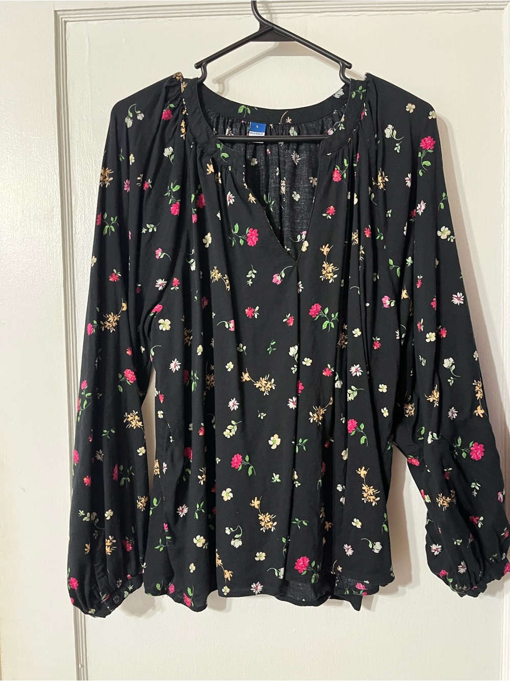 Old Navy Black Floral Peasant Blouse with V-Neck